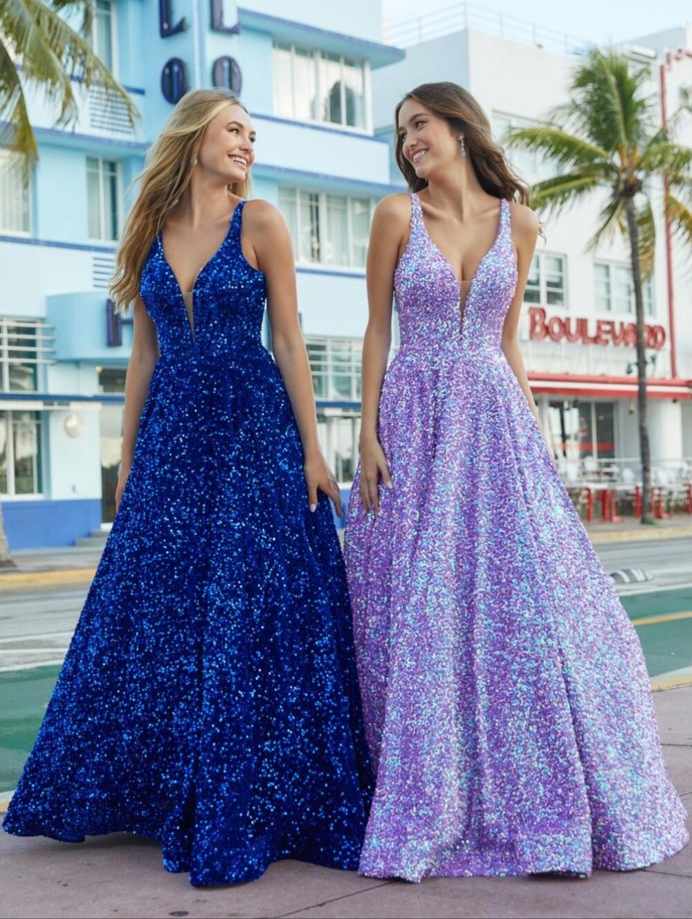 Purple Velvet Sequined Sleeveless Ballgown Deep V Front & Back Mesh Sides